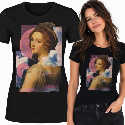 Koszulka damska renesansowy portret - kolaż vaporwave z chmurami i różowymi księżycami