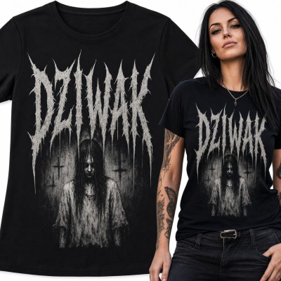 Koszulka damska „Dziwak” - metalowy napis i upiorna dziewczyna w stylu horroru