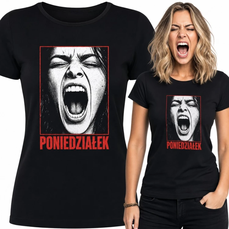 Koszulka damska „Poniedziałek” - krzycząca kobieta w czarno-białym portrecie