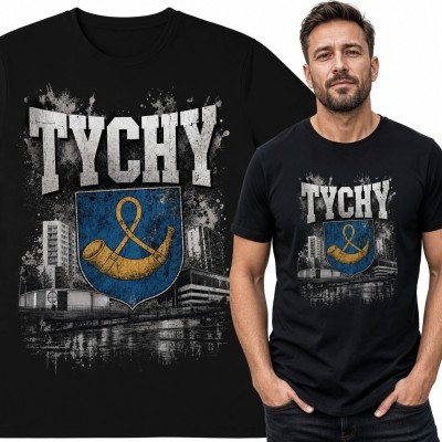 Koszulka męska „Tychy” z herbem i industrialną panoramą miasta