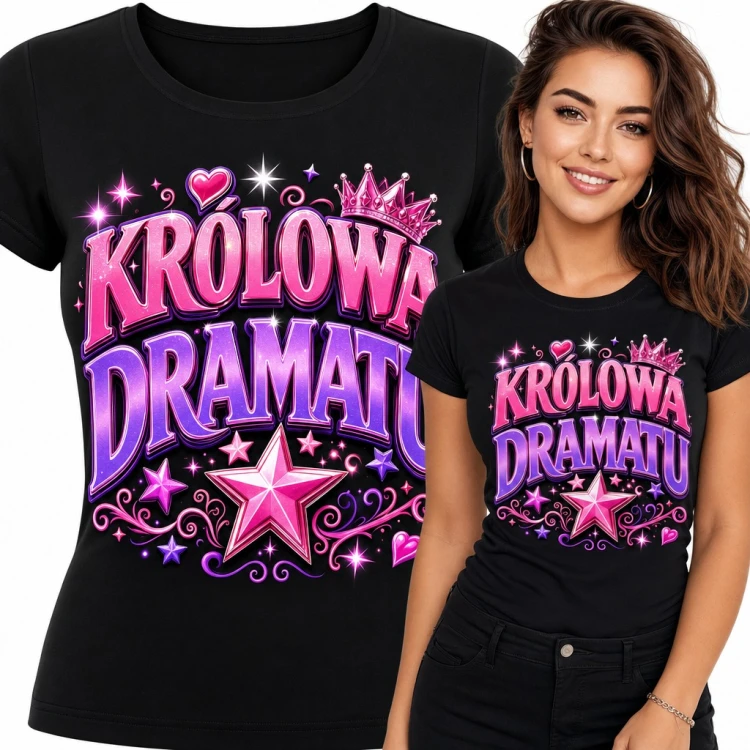 Koszulka damska „Królowa dramatu” - różowa korona i gwiazdy w stylu glamour