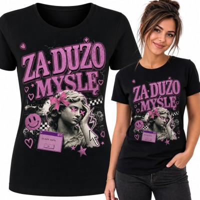 Koszulka damska „Za dużo myślę” - antyczna rzeźba z różową kokardą w stylu Y2K