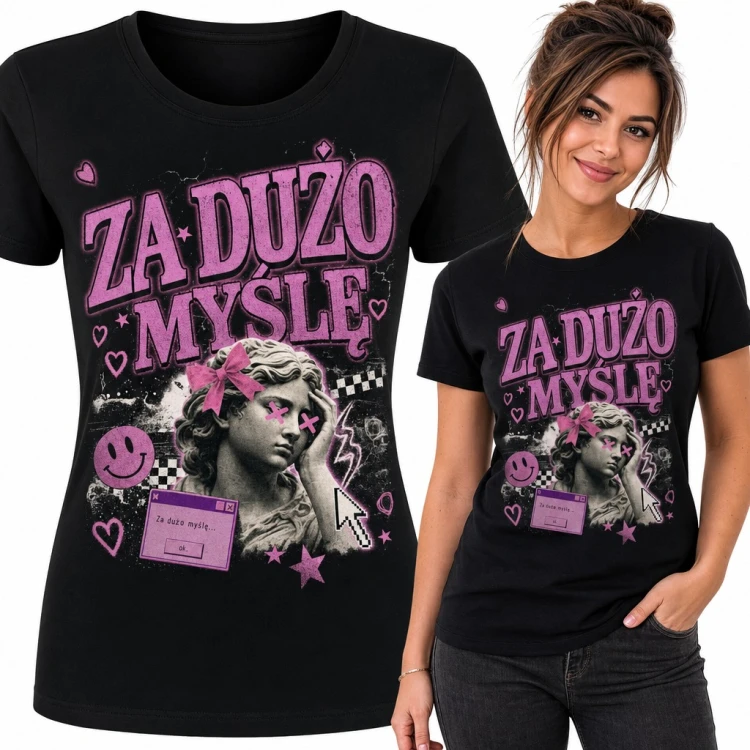 Koszulka damska „Za dużo myślę” - antyczna rzeźba z różową kokardą w stylu Y2K