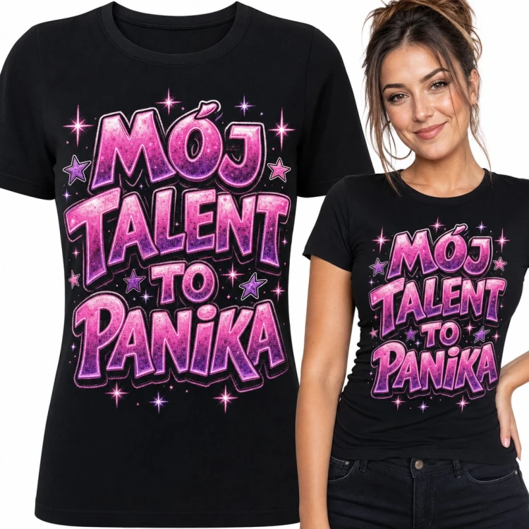 Koszulka damska „Mój talent to panika” - różowy brokatowy napis z gwiazdkami