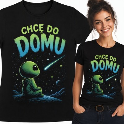 Koszulka damska z kosmitą „Chcę do domu” - ufoludek i spadająca gwiazda