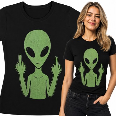 Koszulka damska z kosmitą pokazującym środkowe palce - zielony alien