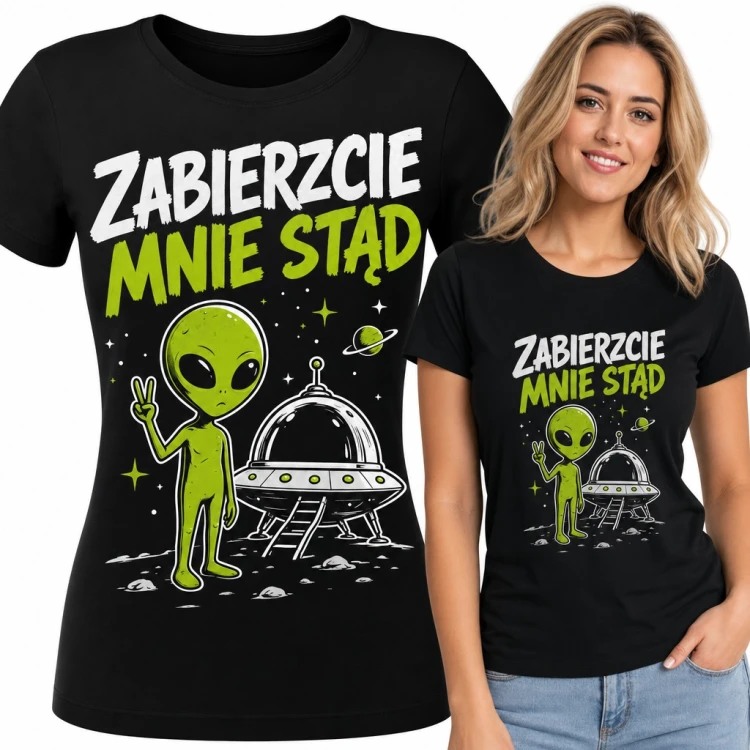 Koszulka damska z kosmitą i UFO „Zabierzcie mnie stąd”