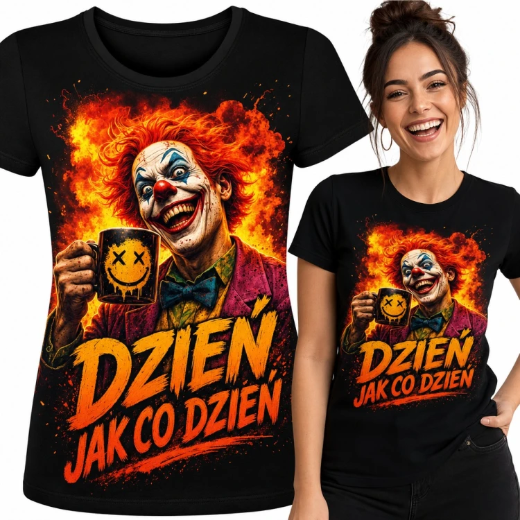 Koszulka damska z klaunem i kubkiem kawy w ogniu „Dzień jak co dzień”