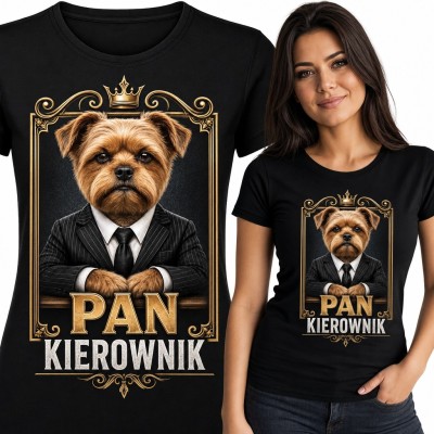 Koszulka damska „Pan kierownik” - pies w garniturze w złotej ramie