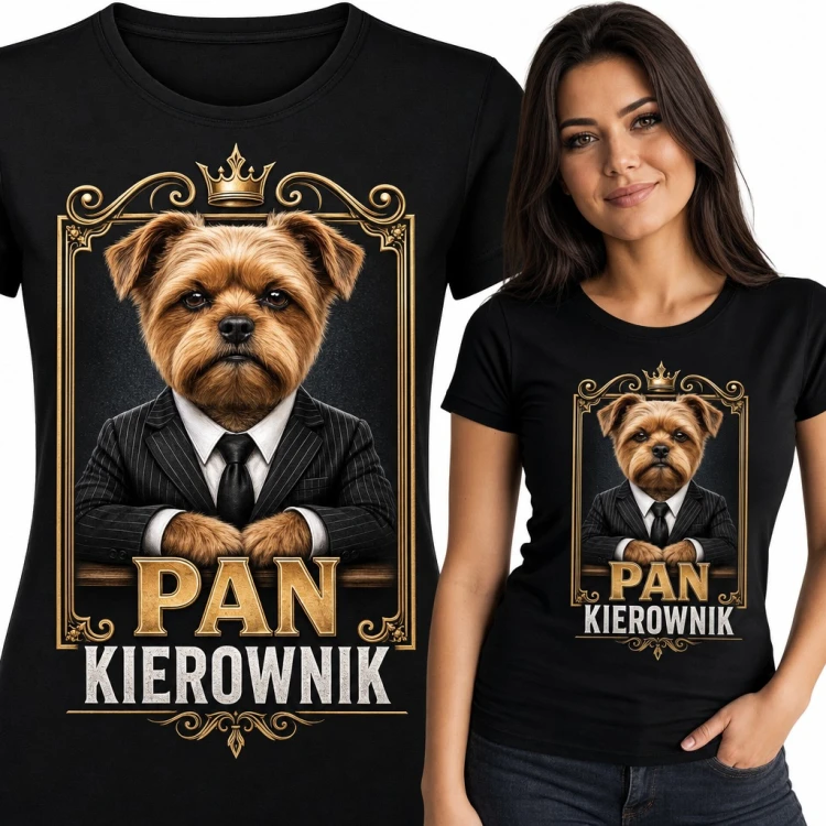 Koszulka damska „Pan kierownik” - pies w garniturze w złotej ramie