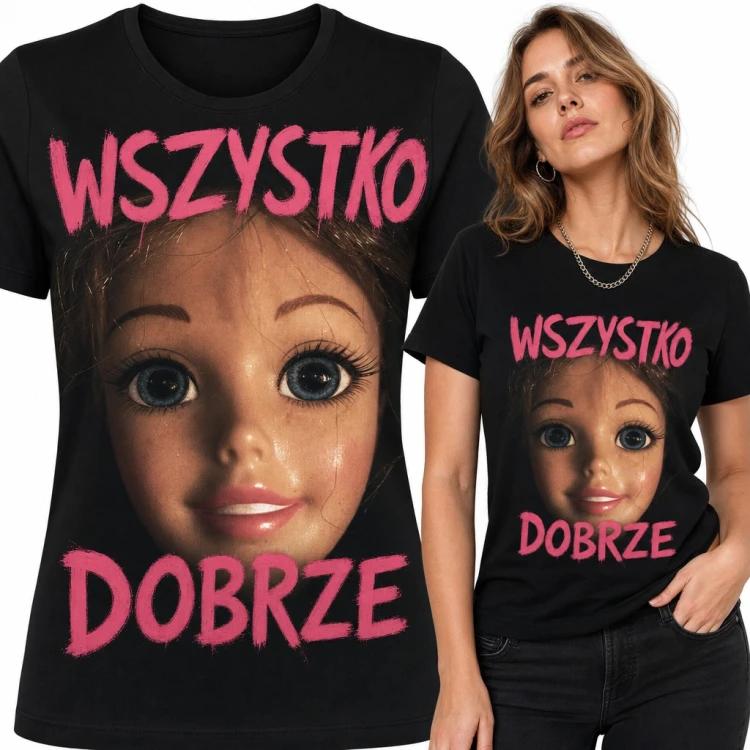 Koszulka damska „Wszystko dobrze” - popękana twarz lalki w stylu creepy