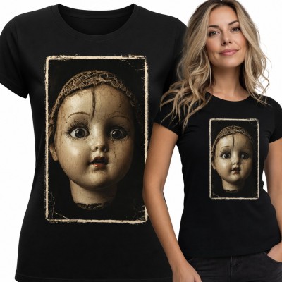 Koszulka damska z porcelanową lalką horror - popękana twarz w starej ramce