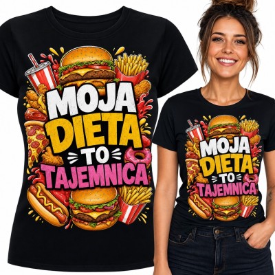 Koszulka damska „Moja dieta to tajemnica” - burgery, pizza i frytki dla miłośniczki fast foodu