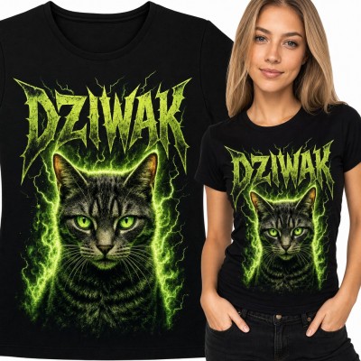 Koszulka damska z kotem „Dziwak” - metalowy napis i zielone błyskawice