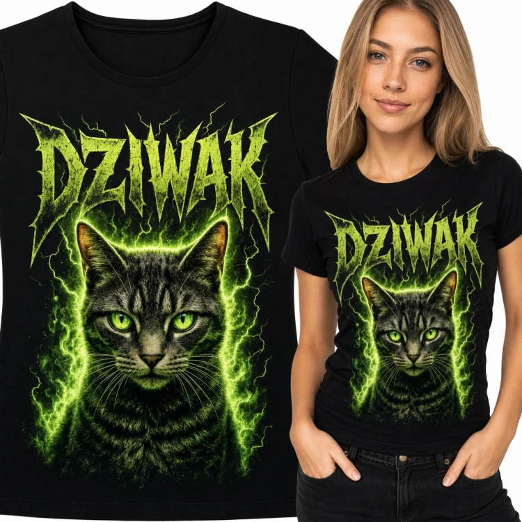 Koszulka damska z kotem „Dziwak” - metalowy napis i zielone błyskawice
