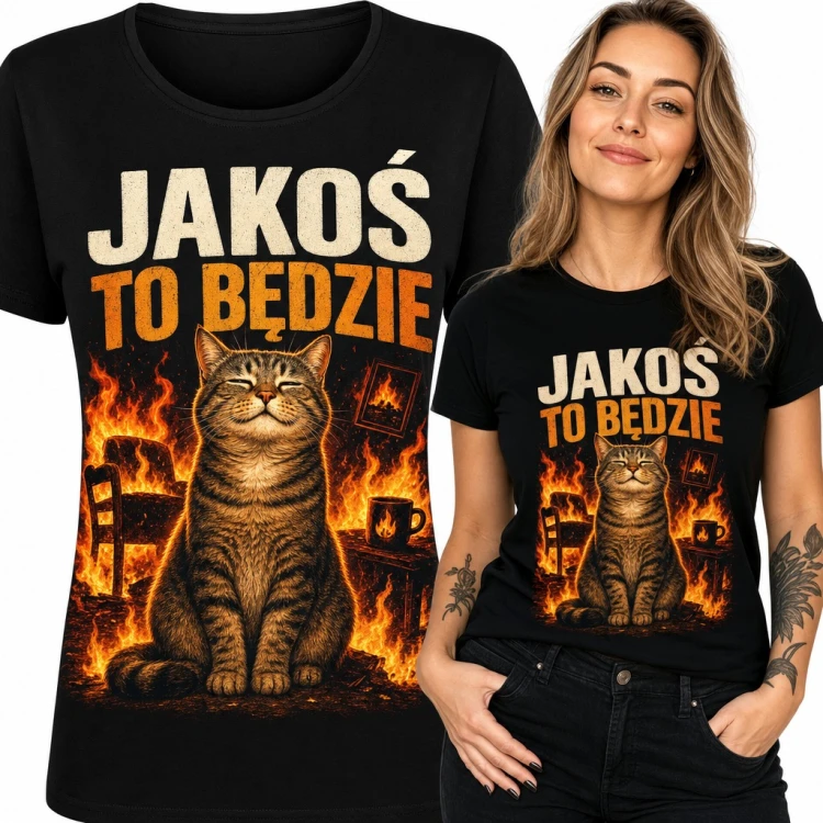 Koszulka damska z kotem w płomieniach - „Jakoś to będzie” mem
