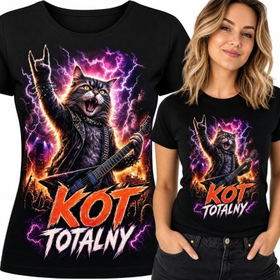 Koszulka damska kot metalowiec z gitarą „Kot totalny” - dla fanki metalu