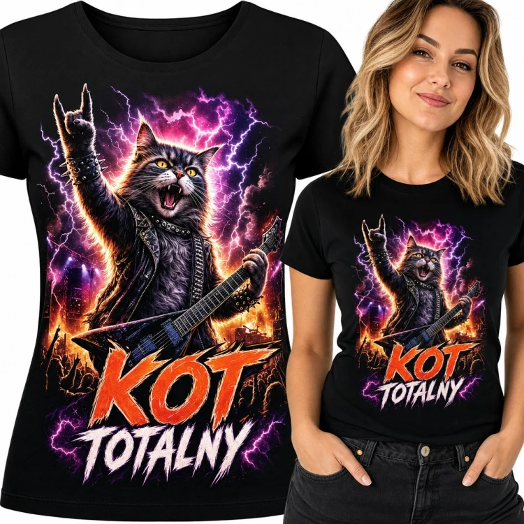 Koszulka damska kot metalowiec z gitarą „Kot totalny” - dla fanki metalu