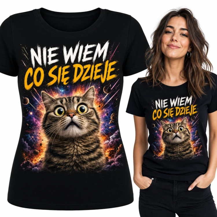 Koszulka damska z kotem w kosmosie „Nie wiem co się dzieje” - zdziwiony kot mem