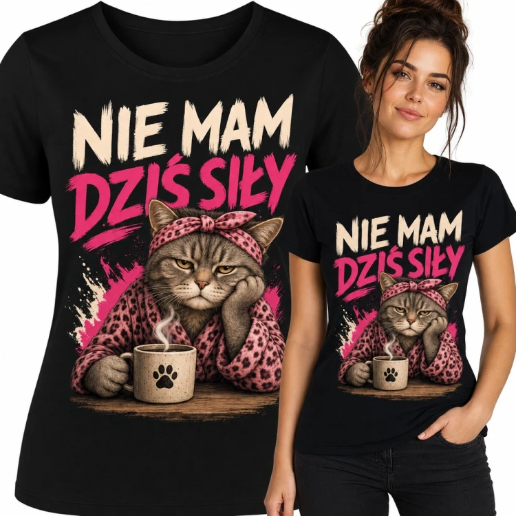 Koszulka damska „Nie mam dziś siły” - zmęczony kot w szlafroku z kawą