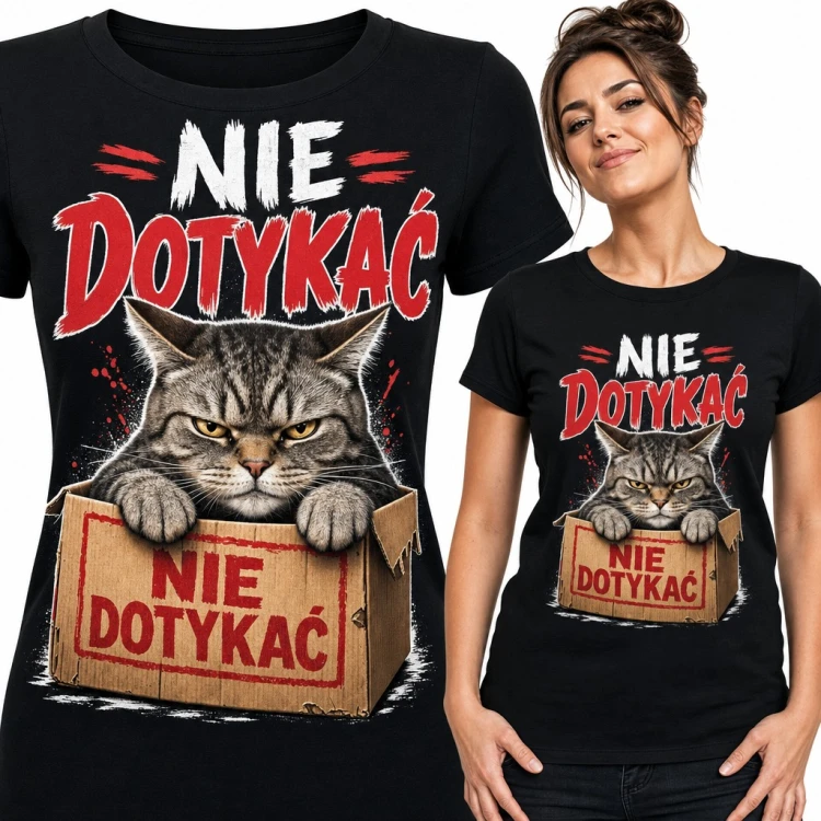 Koszulka damska z kotem w kartonie „Nie dotykać” - zły kot z fochem