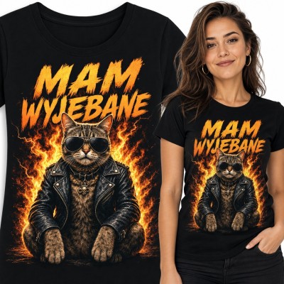 Koszulka damska „Mam wyjebane” - kot w ramonesce i okularach na tle ognia