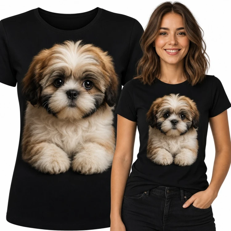 Koszulka damska ze szczeniakiem shih tzu - realistyczny portret dla miłośniczki psów