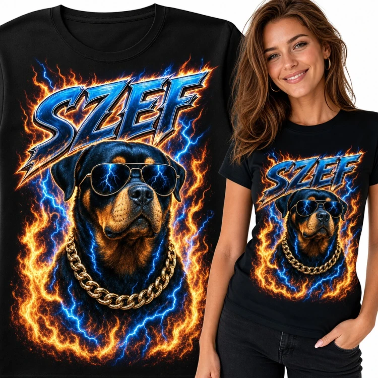 Koszulka damska „Szef” - rottweiler w okularach i złotym łańcuchu