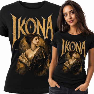 Koszulka damska „Ikona” - złoty portret kobiety z aureolą w stylu metalowym