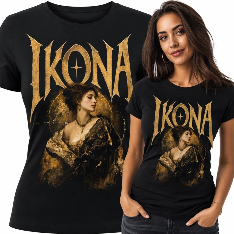 Koszulka damska „Ikona” - złoty portret kobiety z aureolą w stylu metalowym