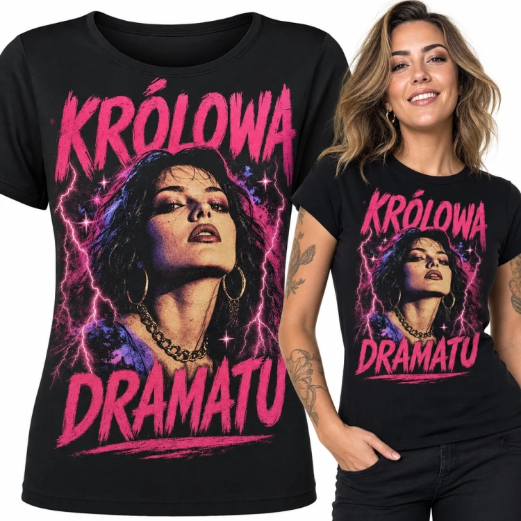 Koszulka damska „Królowa dramatu” - portret divy w różowych błyskawicach