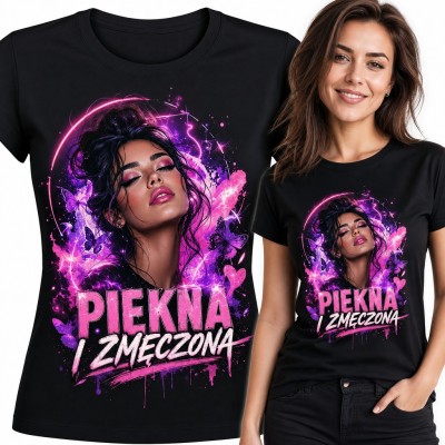 Koszulka damska „Piekna i zmęczona” - kobieta z motylami w neonowym różu