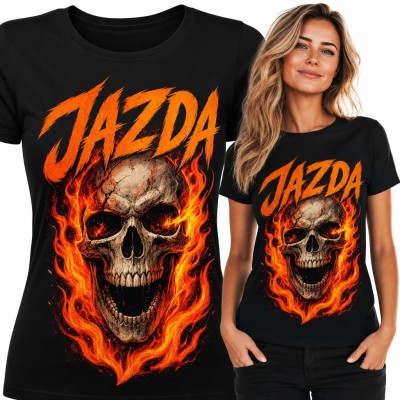 Koszulka damska z płonącą czaszką i napisem „Jazda”