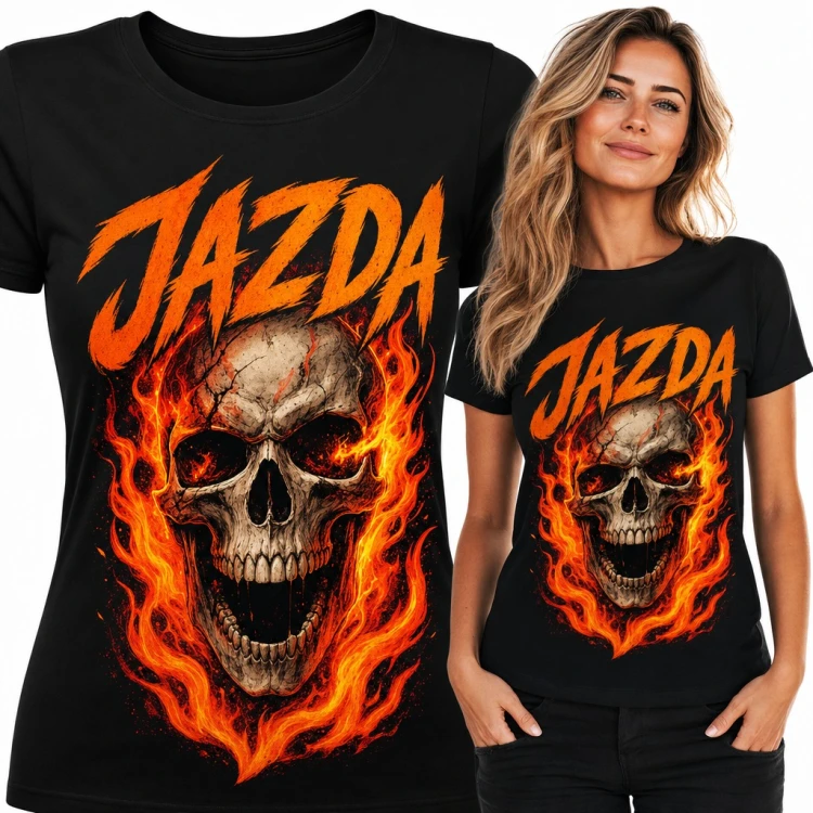 Koszulka damska z płonącą czaszką i napisem „Jazda”