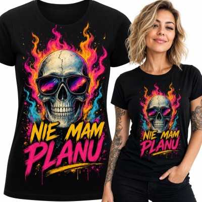 Koszulka damska z czaszką w okularach i neonowych płomieniach „Nie mam planu”
