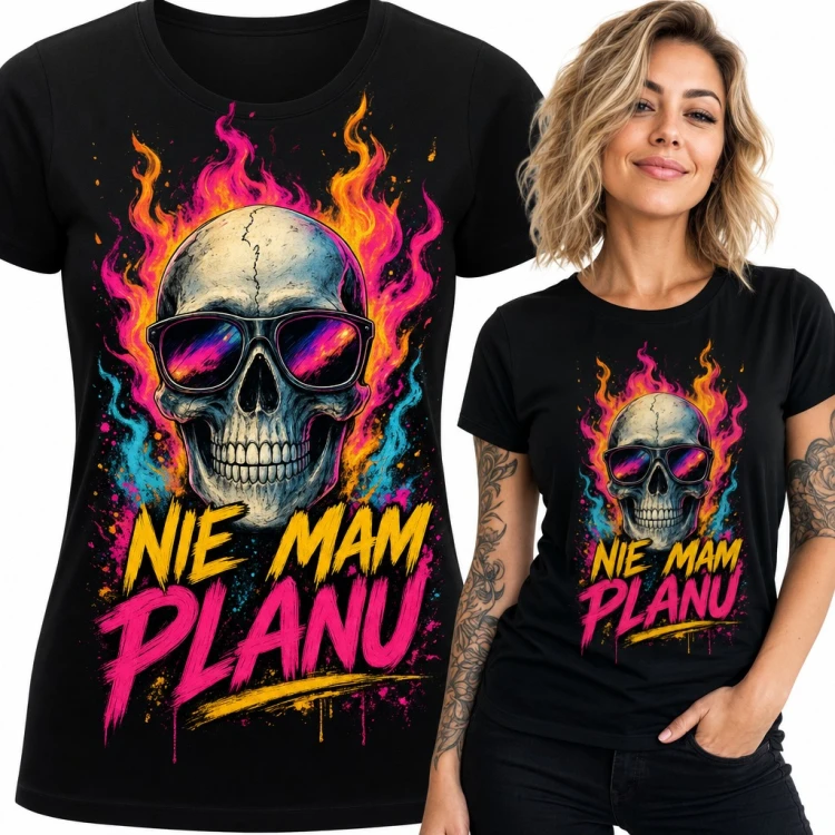Koszulka damska z czaszką w okularach i neonowych płomieniach „Nie mam planu”