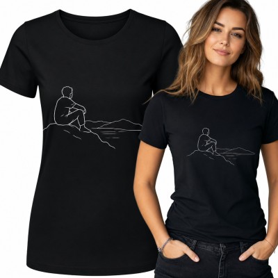 Koszulka damska z minimalistyczną grafiką line art - postać na skale z widokiem na góry i jezioro