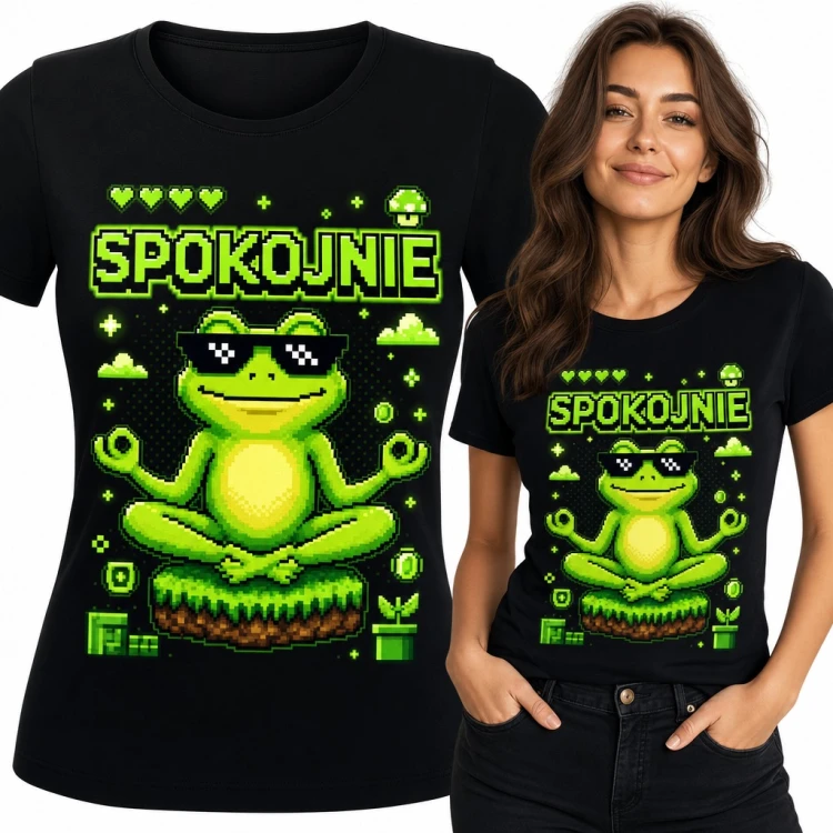 Koszulka damska pikselowa żaba w okularach „Spokojnie” - medytacja retro gaming