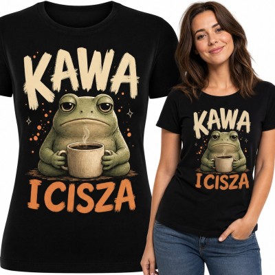 Koszulka damska „Kawa i cisza” - zaspana żaba z kubkiem dla kawoszki