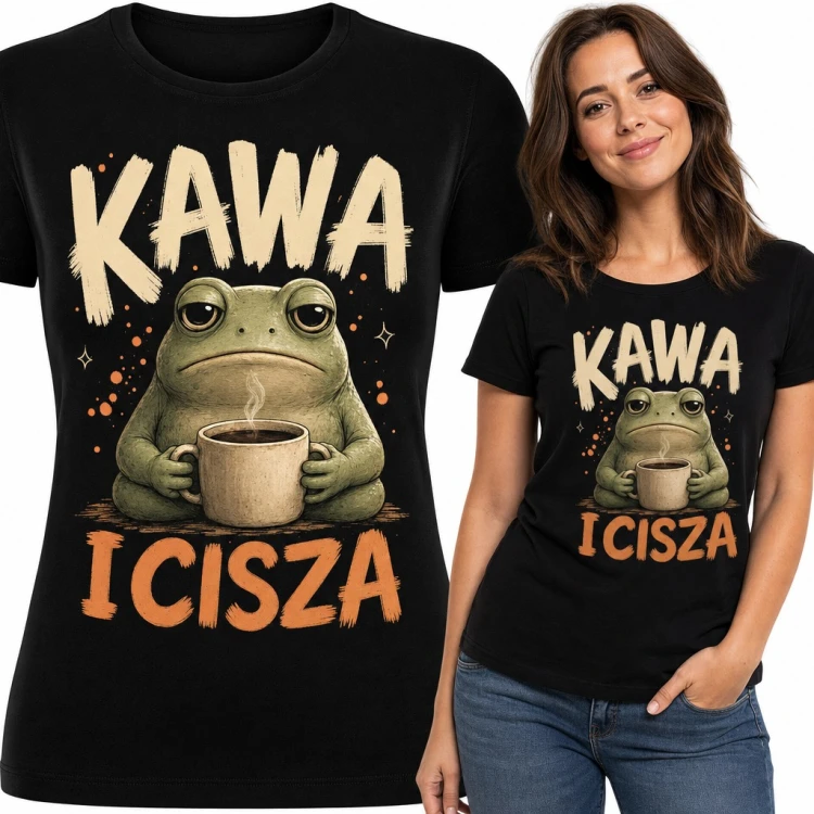 Koszulka damska „Kawa i cisza” - zaspana żaba z kubkiem dla kawoszki