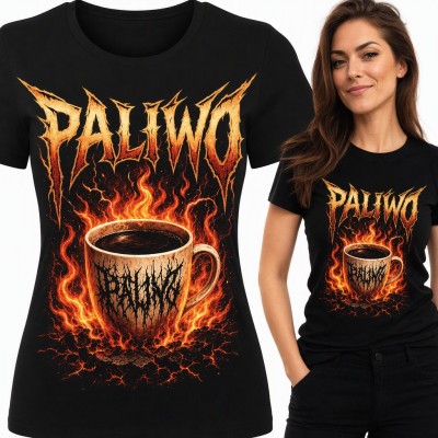 Koszulka damska „Paliwo” - płonący kubek kawy w metalowym stylu