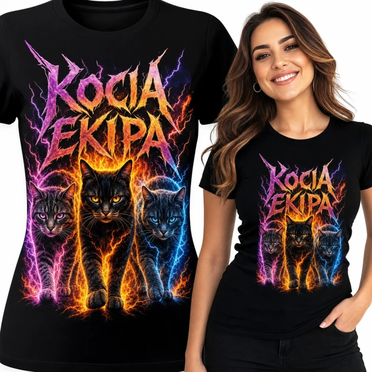 Koszulka damska z kotami w neonowych błyskawicach „Kocia ekipa” w stylu metalowym