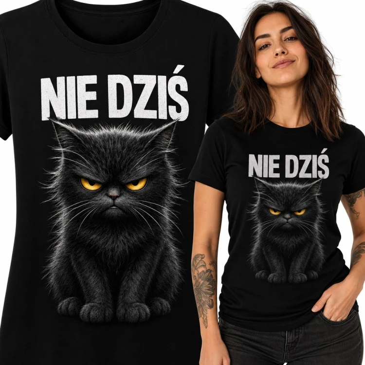 Koszulka damska z obrażonym czarnym kotem i napisem „Nie dziś”
