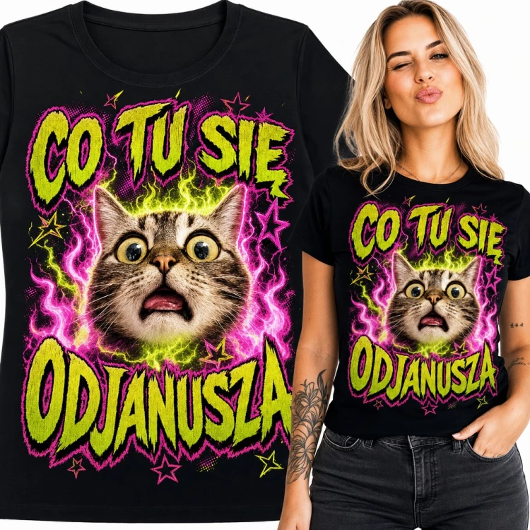 Koszulka damska z zszokowanym kotem „Co tu się odjanusza” - neonowy mem