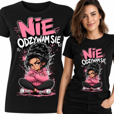 Koszulka damska „Nie odzywam się” - obrażona dziewczyna z kokiem w stylu graffiti