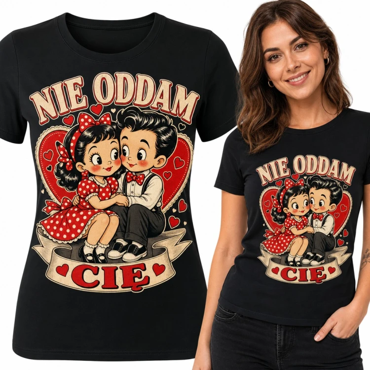 Koszulka damska „Nie oddam Cię” - zakochana para retro na tle serca