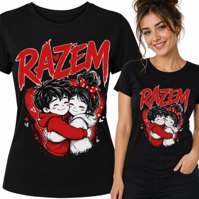 Koszulka damska „Razem” - przytulająca się para chibi na tle czerwonego serca