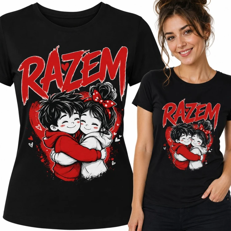 Koszulka damska „Razem” - przytulająca się para chibi na tle czerwonego serca