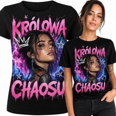 Koszulka damska „Królowa chaosu” - grunge portret z koroną i błyskawicami