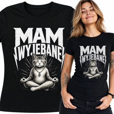 Koszulka damska z medytującym kotem „Mam wyjebane” w stylu metalowym